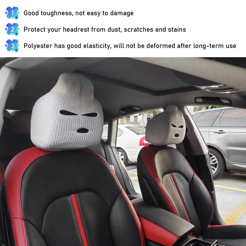Suvnie 2 PCS Car Headrest Cover, Personalized Funny Car Seat Full Face Mask, Ski Mask Wrap Protection for Auto Front Seat Rest Decoration, Universal Interior Car Accessories (White) - Image 4