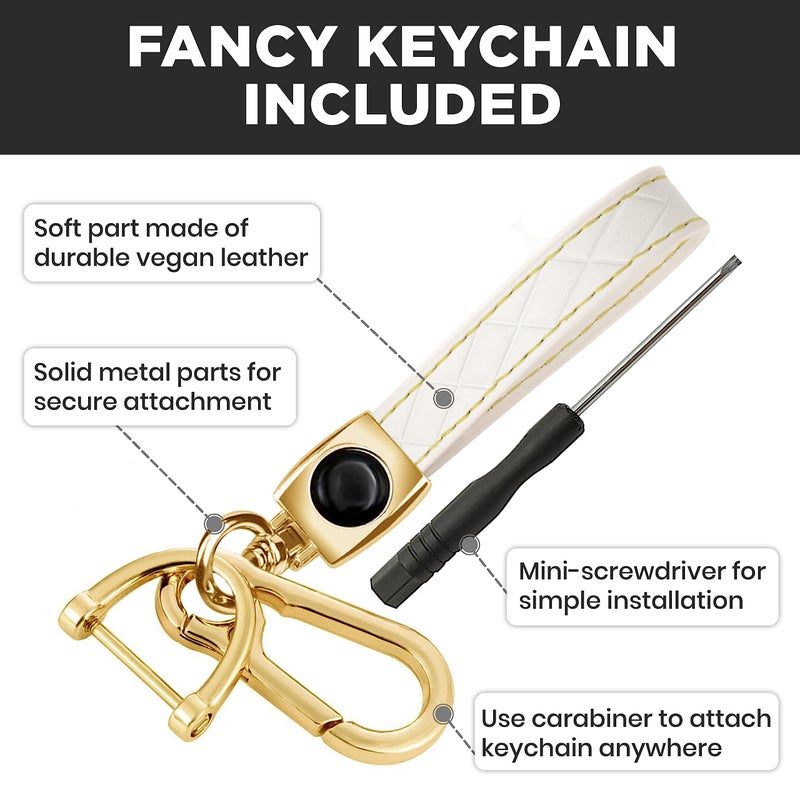 Lucrum Compatible with Hyundai Key Fob Cover & Leather Keychain, Keyfob Case for Santa Fe, Sonata, Tucson, Grandeur, Ioniq 5, Palisade, Nexo - For 5 Button Remote (2019-2025) - White and Gold - Image 4