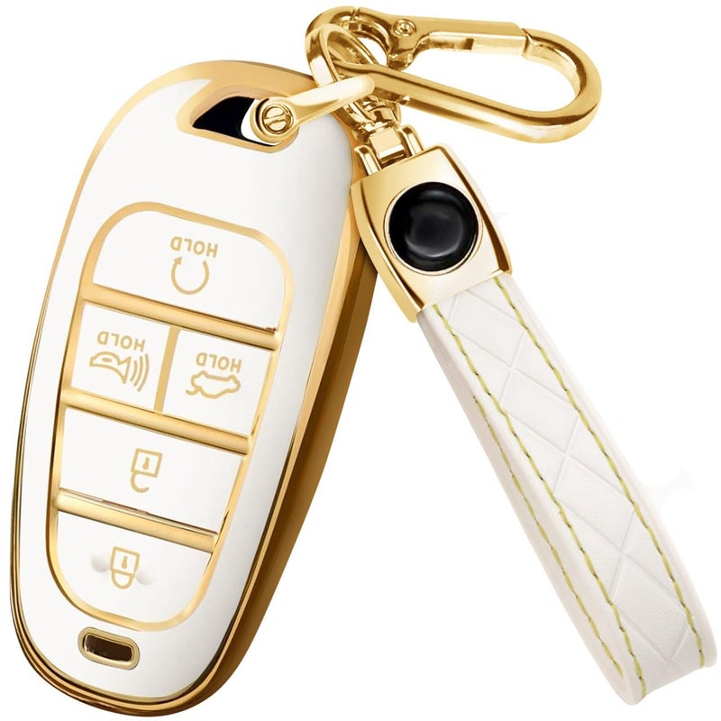Lucrum Compatible with Hyundai Key Fob Cover & Leather Keychain, Keyfob Case for Santa Fe, Sonata, Tucson, Grandeur, Ioniq 5, Palisade, Nexo - For 5 Button Remote (2019-2025) - White and Gold - Image 1