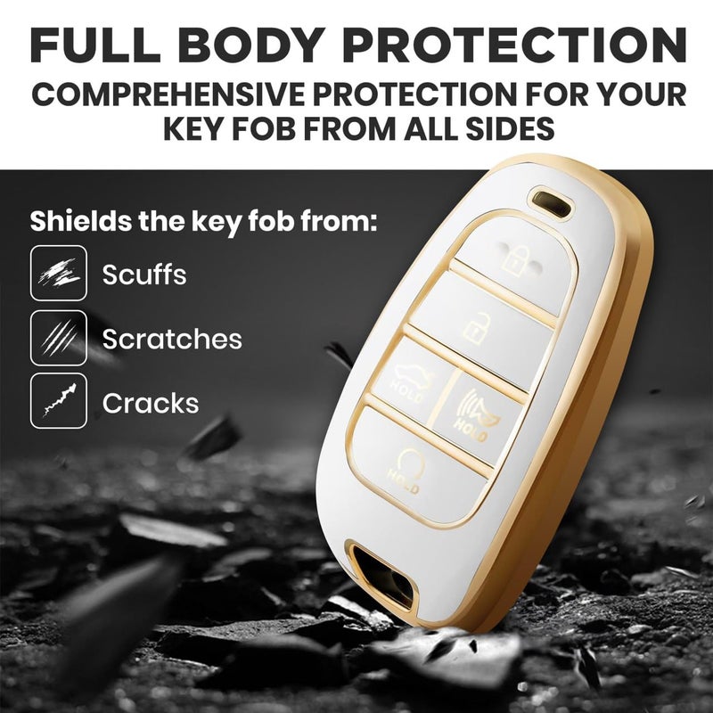 Lucrum Compatible with Hyundai Key Fob Cover & Leather Keychain, Keyfob Case for Santa Fe, Sonata, Tucson, Grandeur, Ioniq 5, Palisade, Nexo - For 5 Button Remote (2019-2025) - White and Gold - Image 3