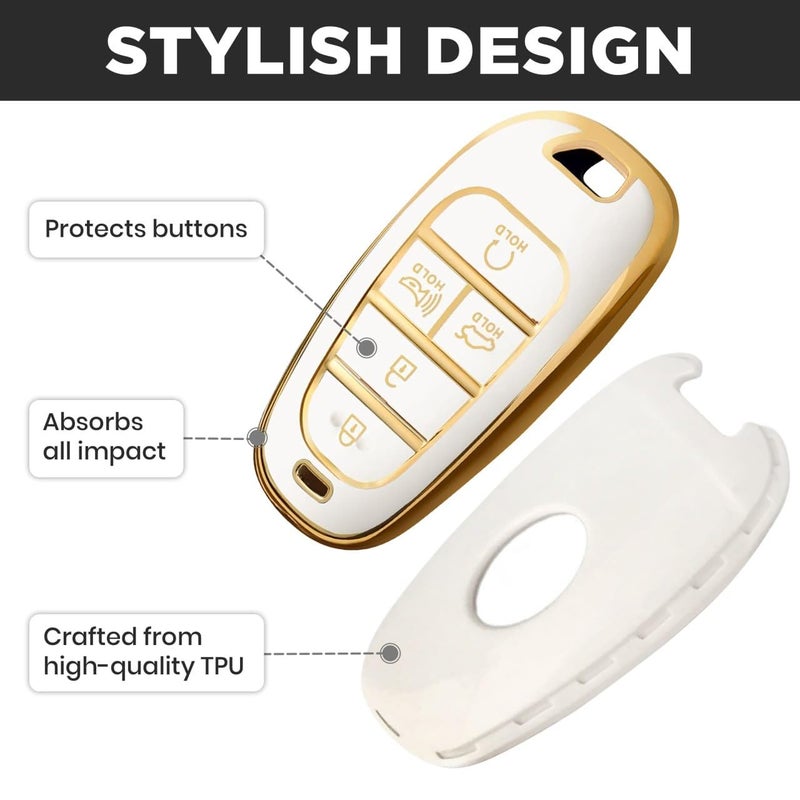 Lucrum Compatible with Hyundai Key Fob Cover & Leather Keychain, Keyfob Case for Santa Fe, Sonata, Tucson, Grandeur, Ioniq 5, Palisade, Nexo - For 5 Button Remote (2019-2025) - White and Gold - Image 5