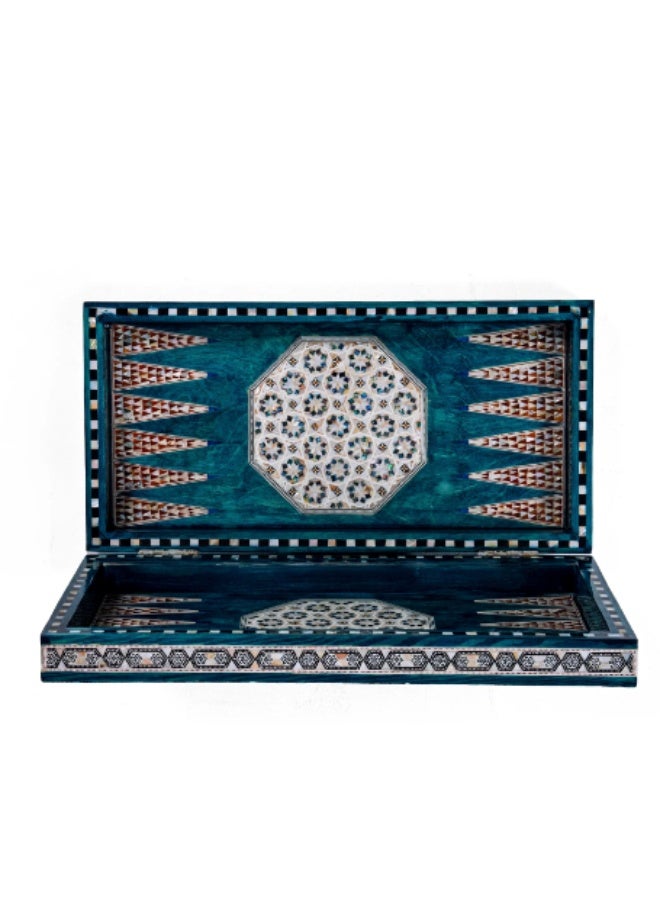 Handmade Backgammon & Chess Wooden Folding Board Inlaid with Mosaic Shell & Mother of Pearl, Turquoise Blue - Size 40x40 cm - Image 3