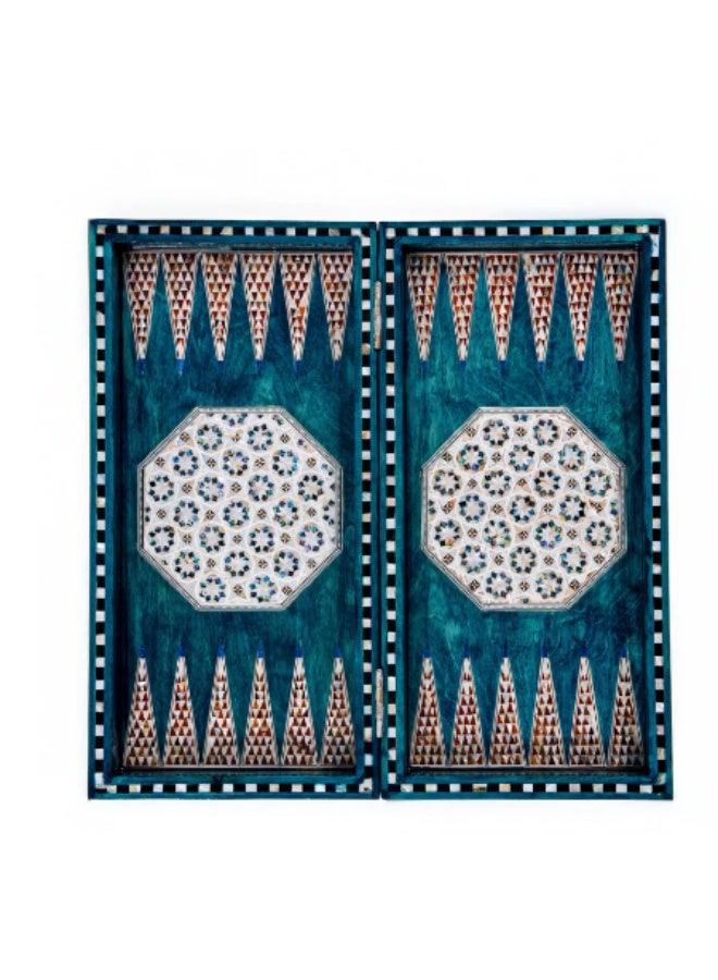Handmade Backgammon & Chess Wooden Folding Board Inlaid with Mosaic Shell & Mother of Pearl, Turquoise Blue - Size 40x40 cm - Image 2