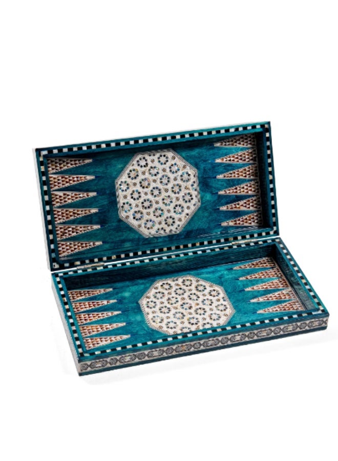 Handmade Backgammon & Chess Wooden Folding Board Inlaid with Mosaic Shell & Mother of Pearl, Turquoise Blue - Size 40x40 cm - Image 1