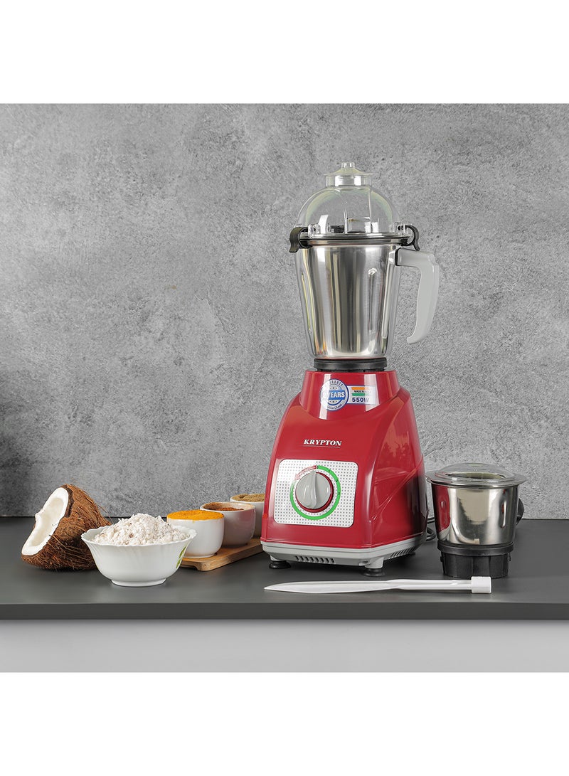 KRYPTON Powerful 2-in-1 Mixer Grinder with 2 Stainless Steel Jars, 3-Speed Control, Overload Protection, Ergonomic Grip – Ideal for Smoothies, Spices, Chutneys, and More 1.5 L 550 W KNB5311N White/Red/Silver - Image 2