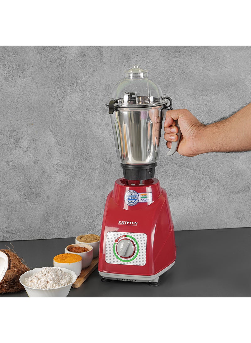 KRYPTON Powerful 2-in-1 Mixer Grinder with 2 Stainless Steel Jars, 3-Speed Control, Overload Protection, Ergonomic Grip – Ideal for Smoothies, Spices, Chutneys, and More 1.5 L 550 W KNB5311N White/Red/Silver - Image 4
