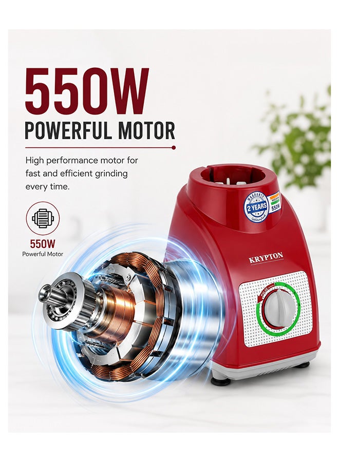 KRYPTON Powerful 2-in-1 Mixer Grinder with 2 Stainless Steel Jars, 3-Speed Control, Overload Protection, Ergonomic Grip – Ideal for Smoothies, Spices, Chutneys, and More 1.5 L 550 W KNB5311N White/Red/Silver - Image 2