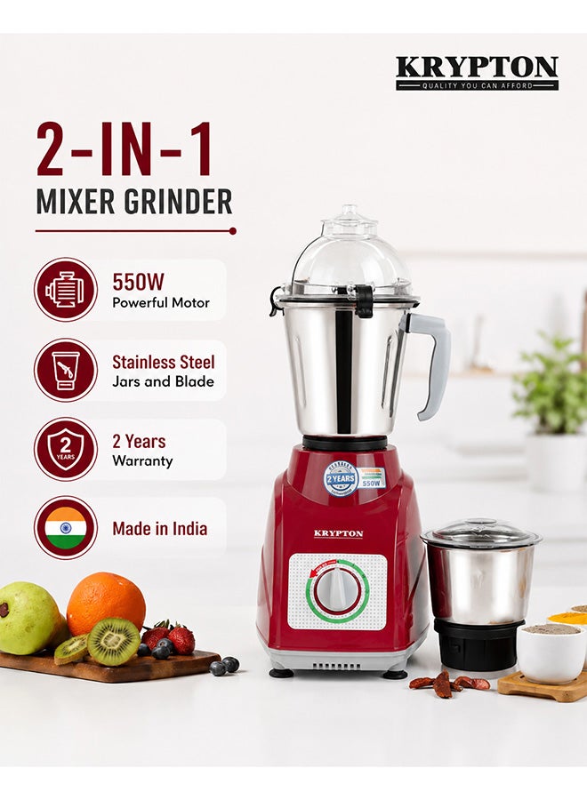 KRYPTON Powerful 2-in-1 Mixer Grinder with 2 Stainless Steel Jars, 3-Speed Control, Overload Protection, Ergonomic Grip – Ideal for Smoothies, Spices, Chutneys, and More 1.5 L 550 W KNB5311N White/Red/Silver - Image 1