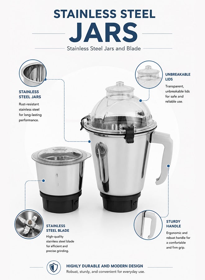 KRYPTON Powerful 2-in-1 Mixer Grinder with 2 Stainless Steel Jars, 3-Speed Control, Overload Protection, Ergonomic Grip – Ideal for Smoothies, Spices, Chutneys, and More 1.5 L 550 W KNB5311N White/Red/Silver - Image 4