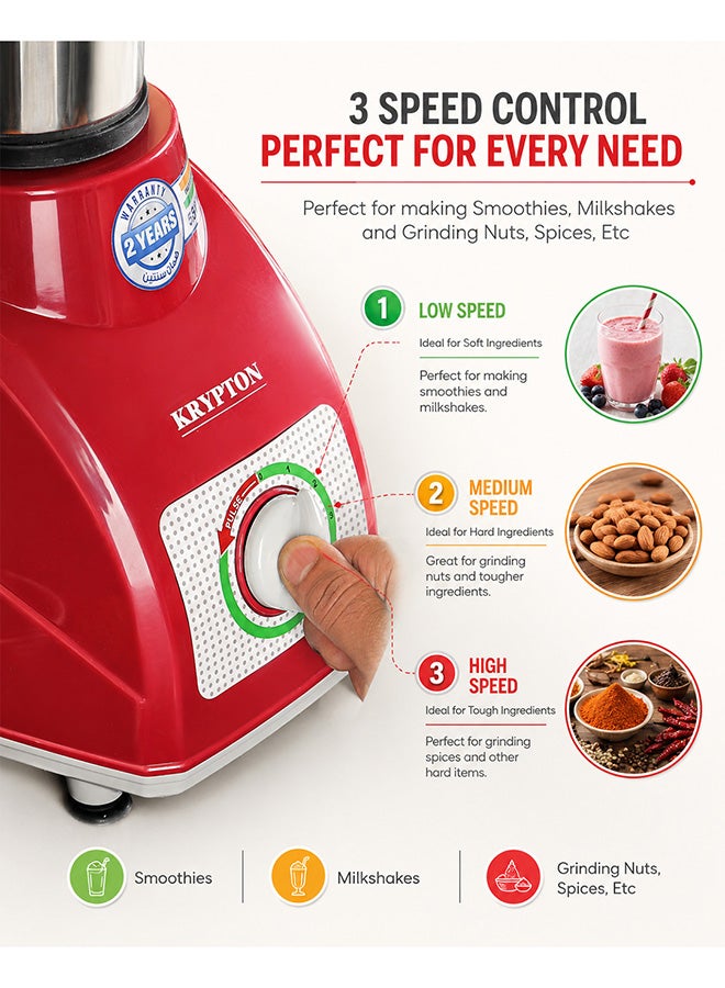 KRYPTON Powerful 2-in-1 Mixer Grinder with 2 Stainless Steel Jars, 3-Speed Control, Overload Protection, Ergonomic Grip – Ideal for Smoothies, Spices, Chutneys, and More 1.5 L 550 W KNB5311N White/Red/Silver - Image 3