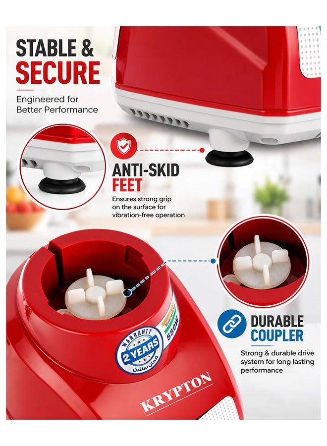 KRYPTON Powerful 2-in-1 Mixer Grinder with 2 Stainless Steel Jars, 3-Speed Control, Overload Protection, Ergonomic Grip – Ideal for Smoothies, Spices, Chutneys, and More 1.5 L 550 W KNB5311N White/Red/Silver - Image 5