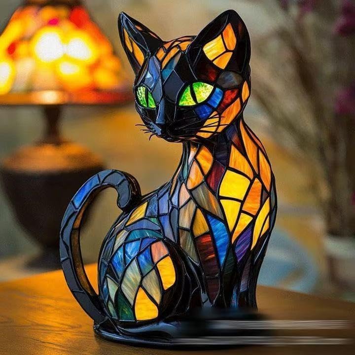Gutsyluv Cat Lamp,Retro Cats Stained Resin Cat Tabletop Night Light,Stained Animal Lamps,3D Cute Pet Themed Led Table Lamps,Gifts for Cats Lovers (cat A) - Image 1