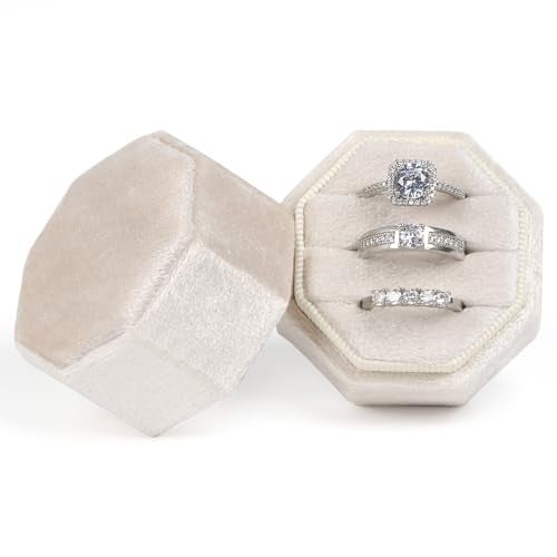 MFXIP Velvet Ring Box, 3 Slots Wedding Ring Box, Vintage Octagon Premium Jewelry Display Holder Gift Box with Detachable Lid for Engagement Wedding Box Keepsake Box Bridal Photo - Image 1