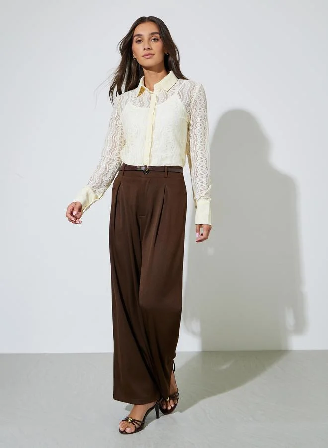 Styli Beige Solid Lace Long Sleeve Blouse