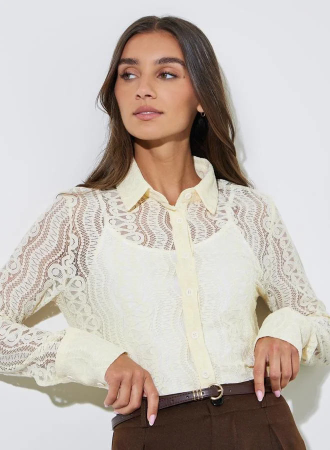Styli Beige Solid Lace Long Sleeve Blouse
