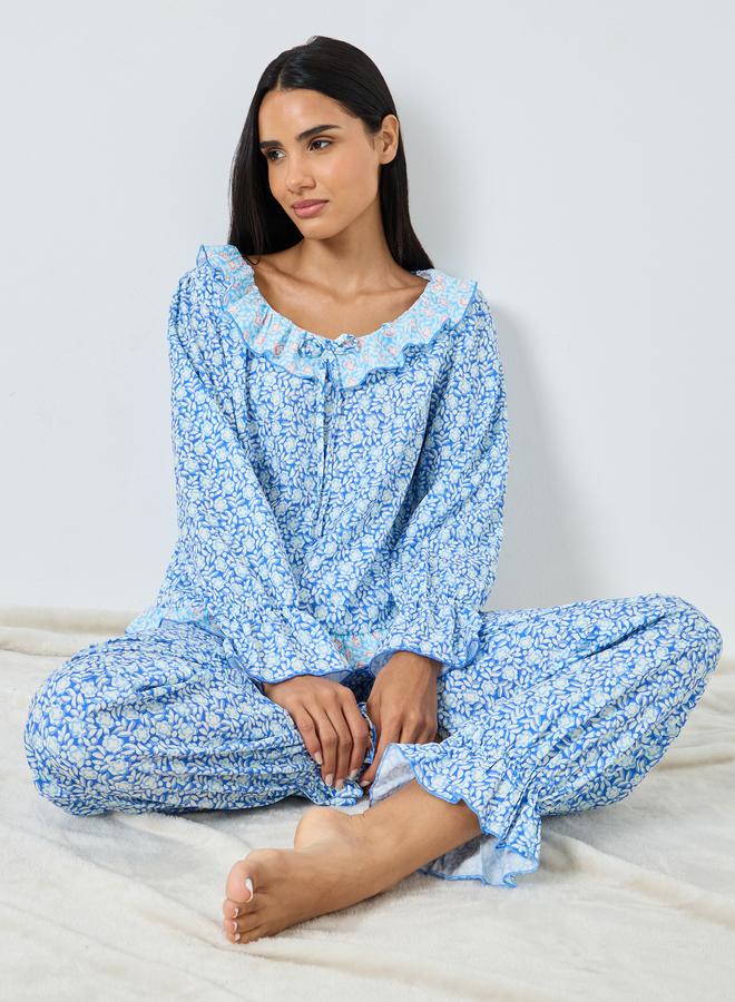 ستايلي طقم من بنطال بيجاما وبلوزة بطبعة زهور - Image 1