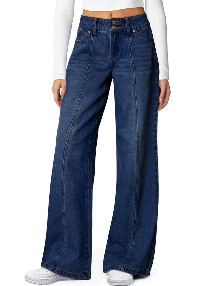 Sidefeel Women's Jeans High Waisted Stretchy Wide Leg Jeans Trendy Seamed Front Straight Leg Loose Denim Pants Bluing Size 18 - Image 1