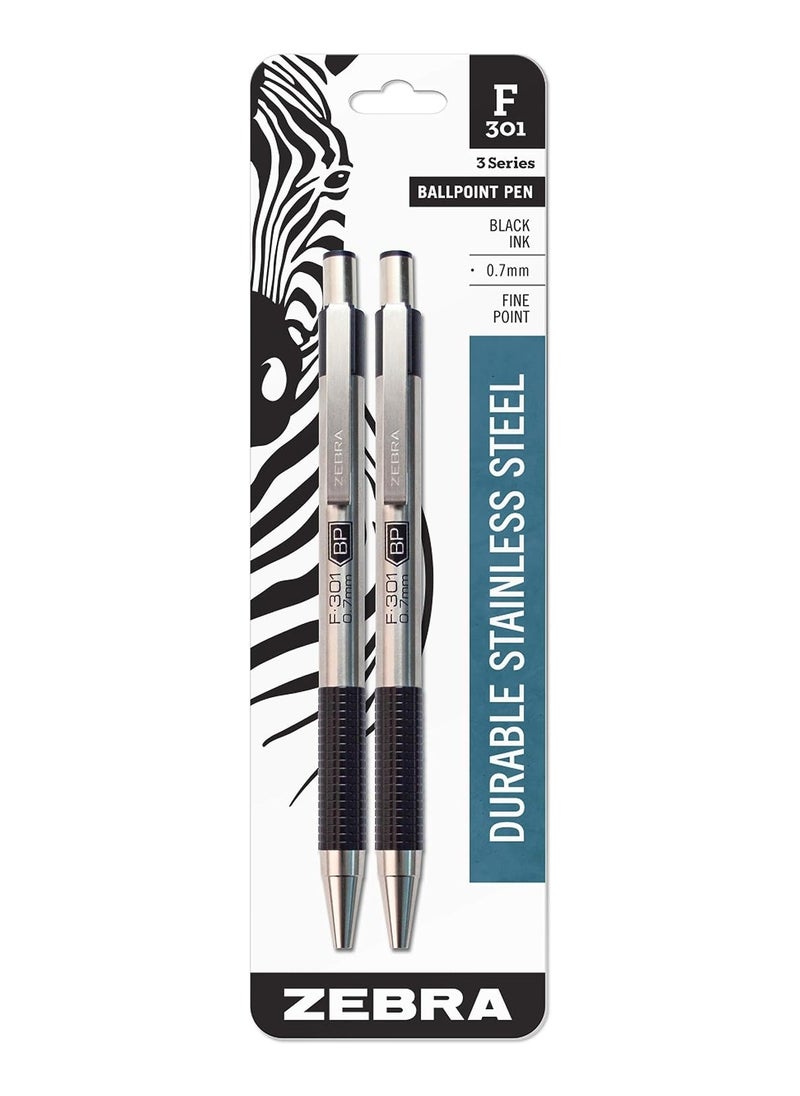 ZEBRA - Retractable Ballpoint Pen Stainless Steel Barrel Fine Point Black Ink Pack of 2 - Image 1