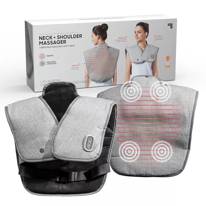 FLOITTUY Electric Heating Pad & Vibrating Massager for Neck Pain ,Cervical Pain and Shoulder Pain Relief | Comfort Adjustable Heat Levels | Relaxation 5 Massage Modes | Muscle Soreness Recovery | Weighted and Universal Fit | Suitable For Men & Women | (Grey) - Image 1