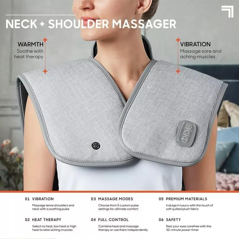 FLOITTUY Electric Heating Pad & Vibrating Massager for Neck Pain ,Cervical Pain and Shoulder Pain Relief | Comfort Adjustable Heat Levels | Relaxation 5 Massage Modes | Muscle Soreness Recovery | Weighted and Universal Fit | Suitable For Men & Women | (Grey) - Image 3