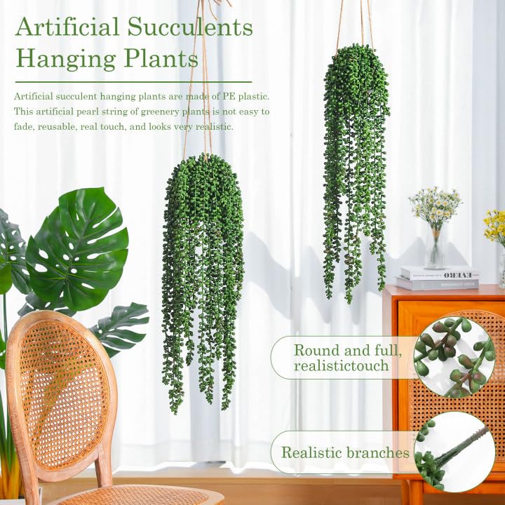 dallisten 10 Pcs Artificial Succulents Hanging Plants, Fake String of Pearls Greenery Plants, Decoration for Wall Home Backdrop Garden Windows Balcony Indoor and Outdoor (10PCS Green) - Image 2