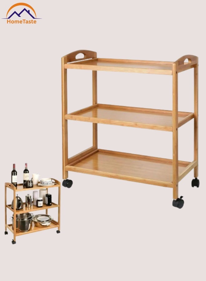 طعم المنزل عربة تخزين بعجلات من الخيزران بثلاثة أرفف (73×60×33 سم) - عربة مطبخ متعددة الاستخدامات من الخيزران، ومنظم منزلي، وعربة متعددة الأغراض للحمام وغرفة المعيشة والمطعم والمكتب - Image 1