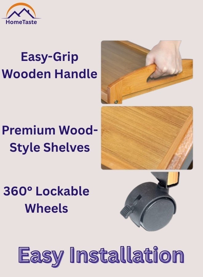 طعم المنزل عربة تخزين بعجلات من الخيزران بثلاثة أرفف (73×60×33 سم) - عربة مطبخ متعددة الاستخدامات من الخيزران، ومنظم منزلي، وعربة متعددة الأغراض للحمام وغرفة المعيشة والمطعم والمكتب - Image 3