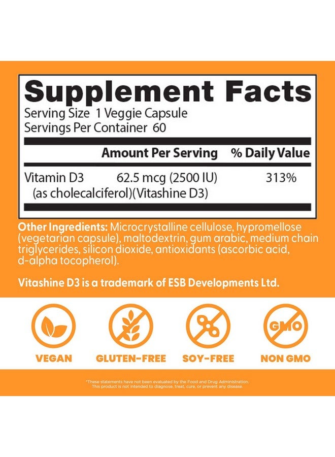 Doctor's BEST Doctors Best Vegan D3 2500 IU (Vitashine), Plant Sourced Vitamin D3, Non-GMO, Gluten Free, Soy Free, Vegan 60 Veggie Caps - Image 3