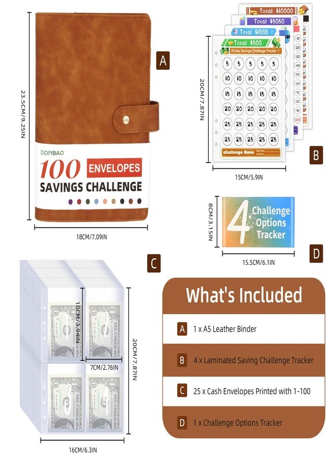 DONBAO 100 Envelopes Money Saving Challenge Binder, A5 Budget Binder with Envelopes and Challenge Tracker, 2024 New Savings Challenges Planner Book to Save $500, $1000, $5050, $10000 (Brown) - Image 3