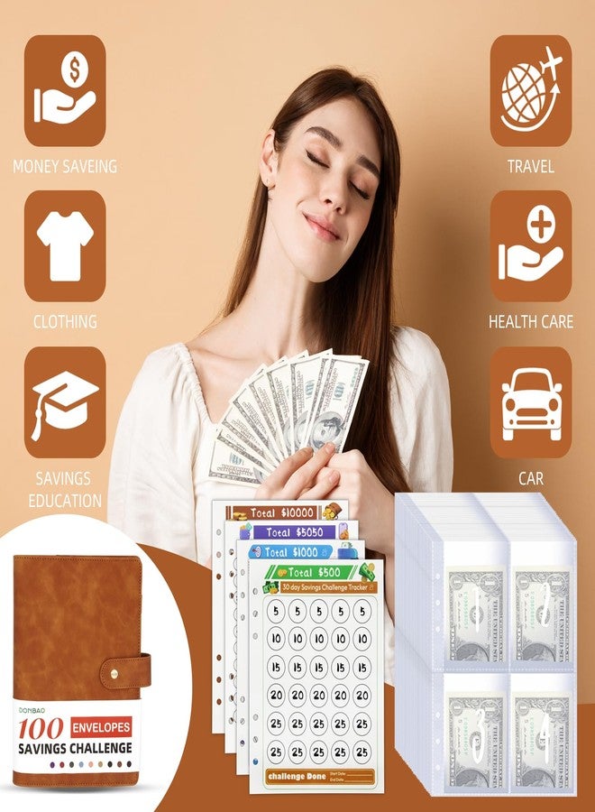 DONBAO 100 Envelopes Money Saving Challenge Binder, A5 Budget Binder with Envelopes and Challenge Tracker, 2024 New Savings Challenges Planner Book to Save $500, $1000, $5050, $10000 (Brown) - Image 2