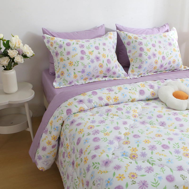 Wajade Floral Comforter Set Bed in A Bag Full Size 7 Piece Purple Flower Green Leaves Rabbits Bedding Set for Girls (1 Comforter, 1 Flat Sheet, 1 Fitted Sheet, 2 Pillowcase and 2 Pillow Sham) - Image 1