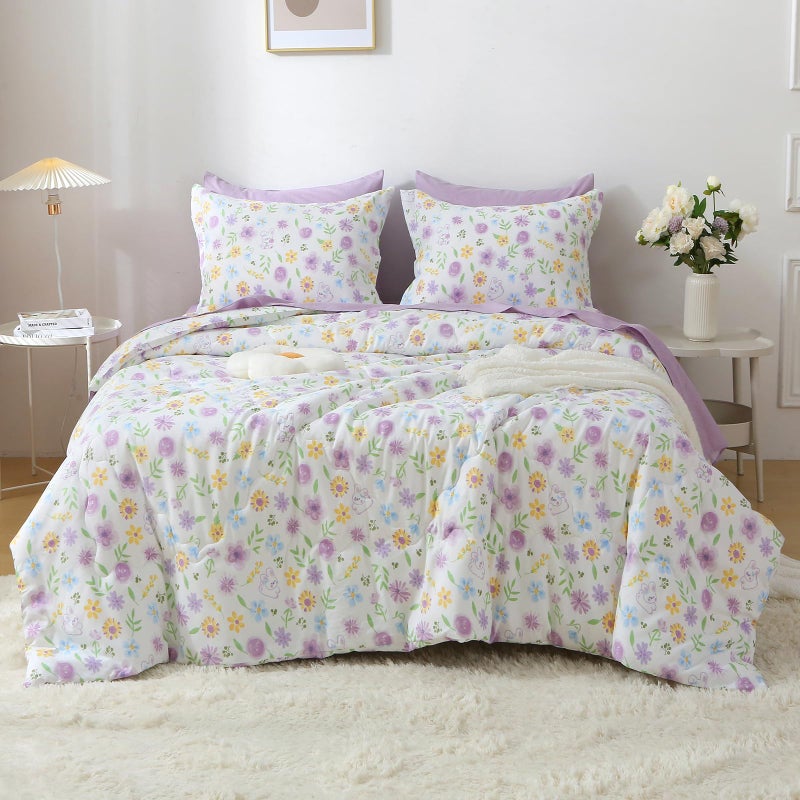 Wajade Floral Comforter Set Bed in A Bag Full Size 7 Piece Purple Flower Green Leaves Rabbits Bedding Set for Girls (1 Comforter, 1 Flat Sheet, 1 Fitted Sheet, 2 Pillowcase and 2 Pillow Sham) - Image 2