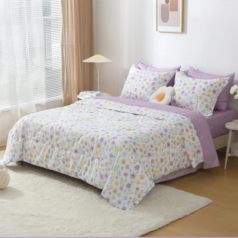 Wajade Floral Comforter Set Bed in A Bag Full Size 7 Piece Purple Flower Green Leaves Rabbits Bedding Set for Girls (1 Comforter, 1 Flat Sheet, 1 Fitted Sheet, 2 Pillowcase and 2 Pillow Sham) - Image 4