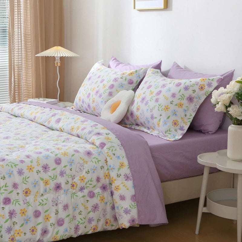 Wajade Floral Comforter Set Bed in A Bag Full Size 7 Piece Purple Flower Green Leaves Rabbits Bedding Set for Girls (1 Comforter, 1 Flat Sheet, 1 Fitted Sheet, 2 Pillowcase and 2 Pillow Sham) - Image 3