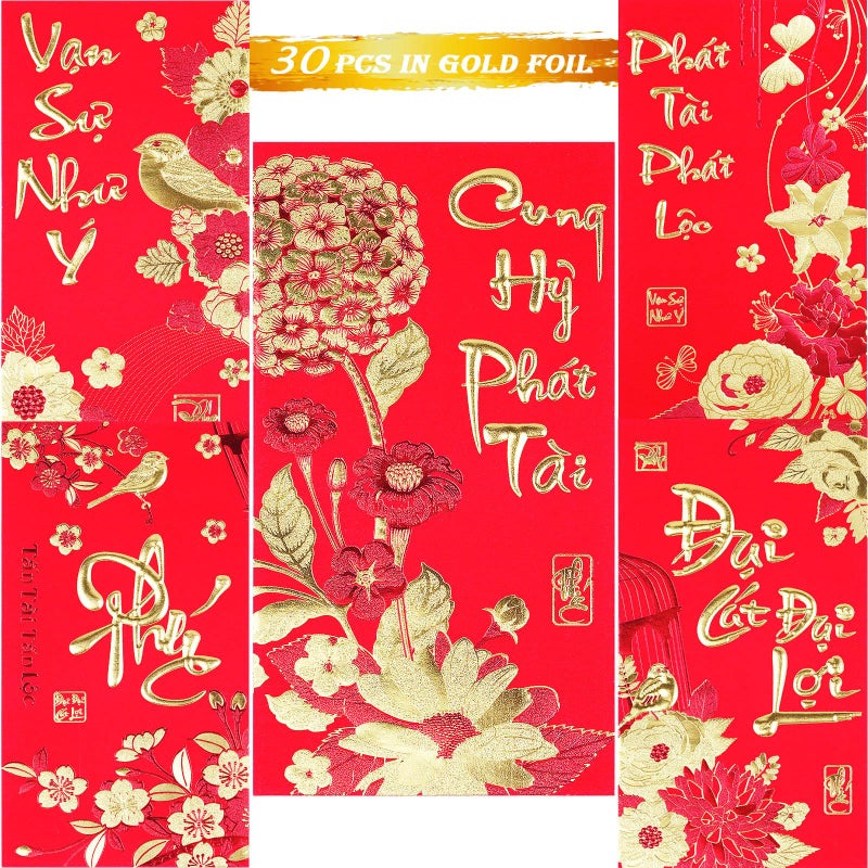 Temogole Vietnamese New Year Red Envelopes,Hong Bao Li Xi Lucky Money Packet for Lunar New Year,2026 New Year Red Envelope,5 Designs 30 Pcs - Image 1