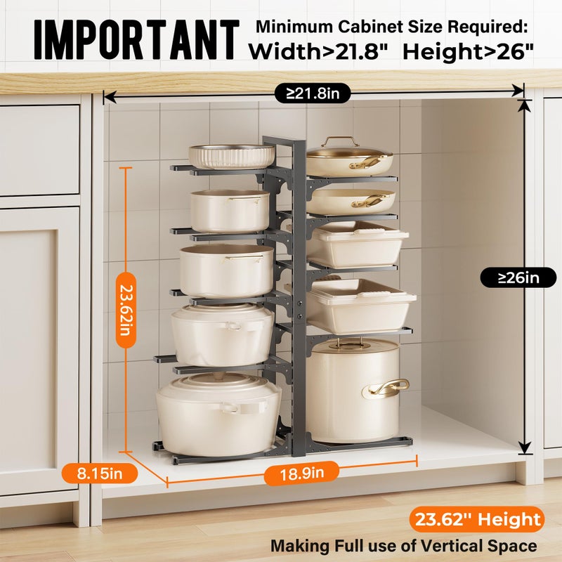 MUDEELA 10-Tier Pots and Pans Organizer under Cabinet, 23.62" Height Heavy Duty Pot and Pan Organizer Kitchen Cabinet Organization and Storage, Adjustable Pot Rack for Frying Pan, Cast Iron Skillet - Image 2