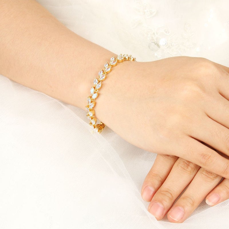 EVER FAITH Bridal Zircon Wedding 2 Layers Small Leaf Roman Tennis Bracelet Clear Gold-Tone - Image 2