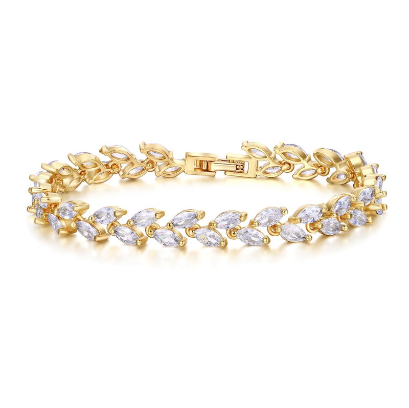 EVER FAITH Bridal Zircon Wedding 2 Layers Small Leaf Roman Tennis Bracelet Clear Gold-Tone - Image 1