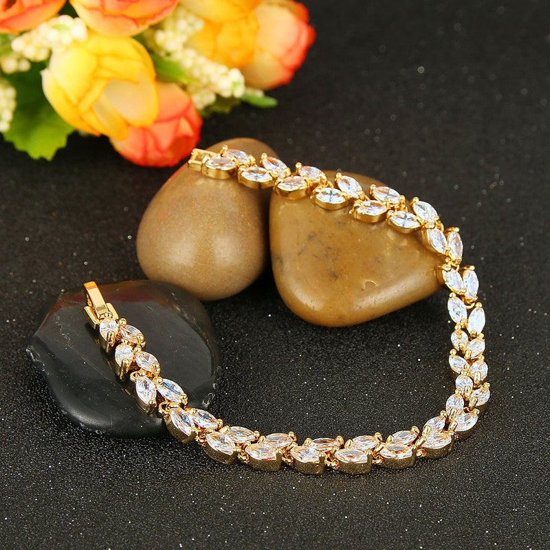 EVER FAITH Bridal Zircon Wedding 2 Layers Small Leaf Roman Tennis Bracelet Clear Gold-Tone - Image 3