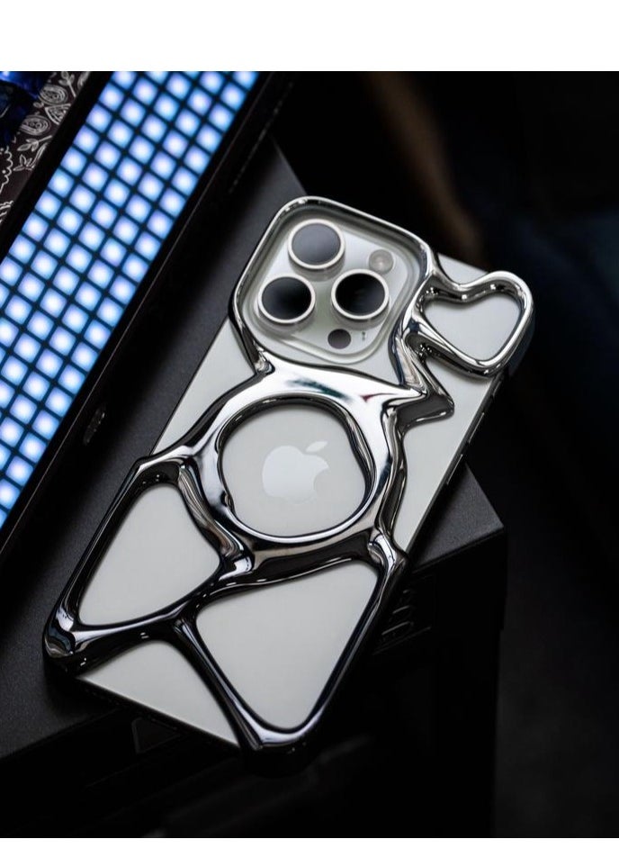 ميـاو غاضب - حافظة هاتف AM فارغة لهاتف iPhone 15 Pro (فقط) متوافقة مع MagSafe 22 جرام خفيفة الوزن وتبديد الحرارة وحماية وافرة من البولي كربونات غطاء مخرم سائل مضاد للسقوط وبساطة ممتازة وسهلة التركيب (فضي لامع + تغليف أسود صديق للبيئة) - Image 1
