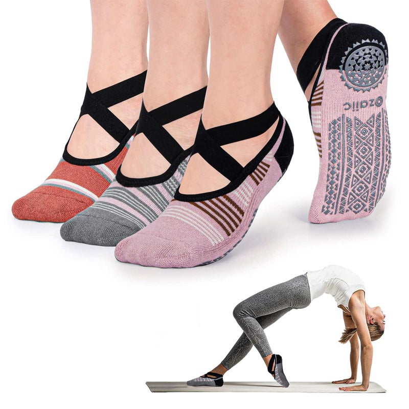 Ozaiic Pilates Socks for Women Non Slip Grip, Yoga Socks with Grippers for Barre, Hospital, Ballet, Dance, Barefoot Workout (3 Pairs -Orange/Pink/Gray) - Image 1