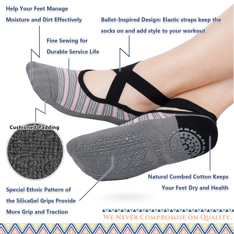 Ozaiic Pilates Socks for Women Non Slip Grip, Yoga Socks with Grippers for Barre, Hospital, Ballet, Dance, Barefoot Workout (3 Pairs -Orange/Pink/Gray) - Image 2