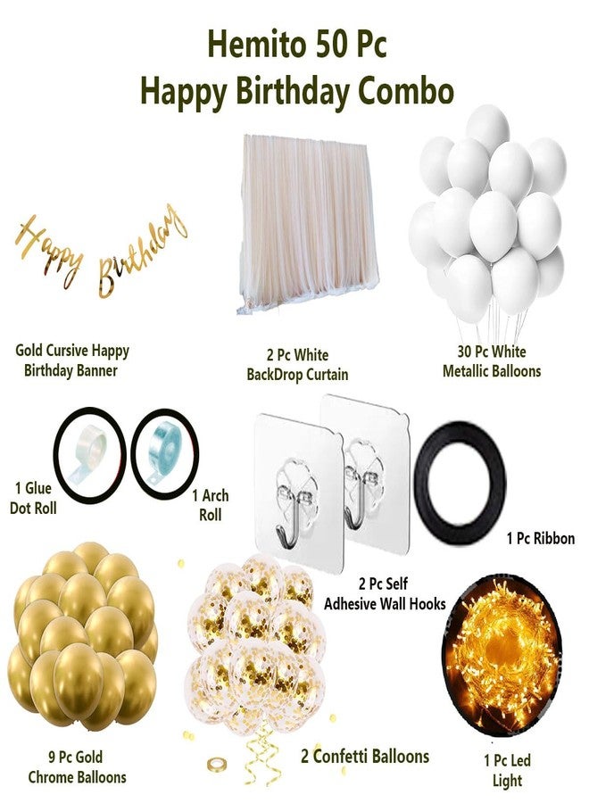 Hemito 50 Pc Cabana Theme Party Combo- White Gold Chrome Confetti Balloons With Fairy Led Lights | Happy Birthday Party Decoration Set Combo For Kids Boys Girls Adult Husband, Wife - 50 Pcs - Image 2