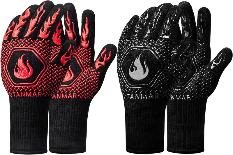 Tanmar BBQ Grill Gloves, 1472°F Extreme Heat Resistant Grilling Gloves Non-Slip Oven Mitts Potholder, Perfect for Barbecue, Cooking, Baking, Fireplace, Smoker - 2 Pair (Red and Black) - Image 1