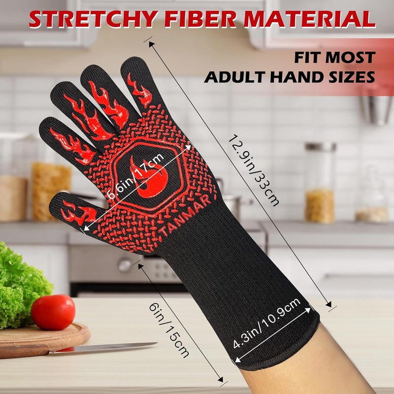 Tanmar BBQ Grill Gloves, 1472°F Extreme Heat Resistant Grilling Gloves Non-Slip Oven Mitts Potholder, Perfect for Barbecue, Cooking, Baking, Fireplace, Smoker - 2 Pair (Red and Black) - Image 2