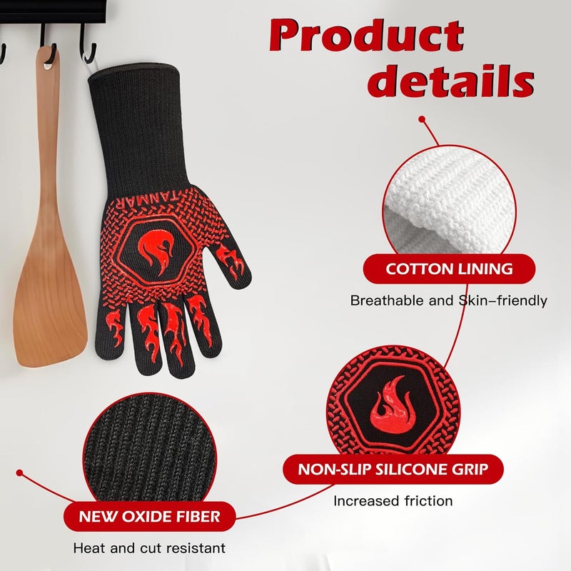 Tanmar BBQ Grill Gloves, 1472°F Extreme Heat Resistant Grilling Gloves Non-Slip Oven Mitts Potholder, Perfect for Barbecue, Cooking, Baking, Fireplace, Smoker - 2 Pair (Red and Black) - Image 3
