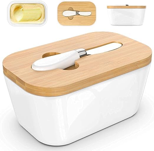 KACHKIT Butter Dish with Lid Large Ceramic Butter Storage Container Keeper for Refrigerator with Wooden Lid and Butter KnifeHold 2 Standard Butter Sticks17oz500mlPack of 1 Multicolor - Image 1