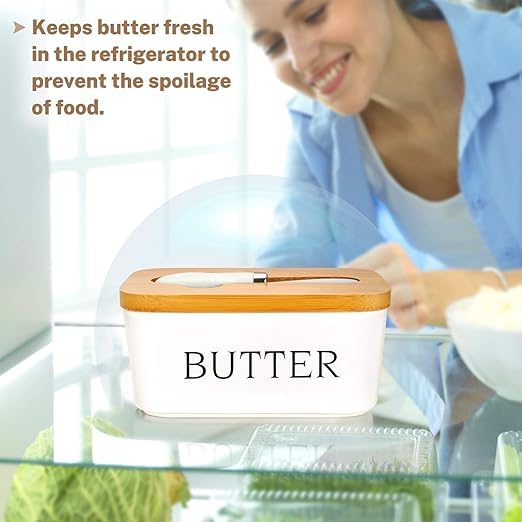 KACHKIT Butter Dish with Lid Large Ceramic Butter Storage Container Keeper for Refrigerator with Wooden Lid and Butter KnifeHold 2 Standard Butter Sticks17oz500mlPack of 1 Multicolor - Image 2