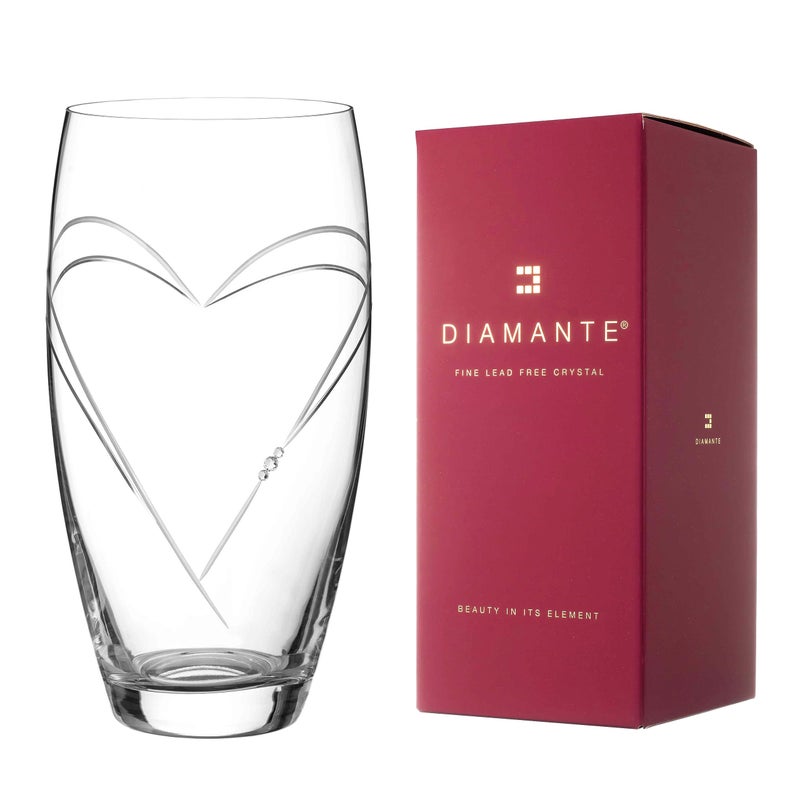DIAMANTE Heart in Heart Large Hand Cut Crystal Barrel Vase with Swarovski Crystals  26cm