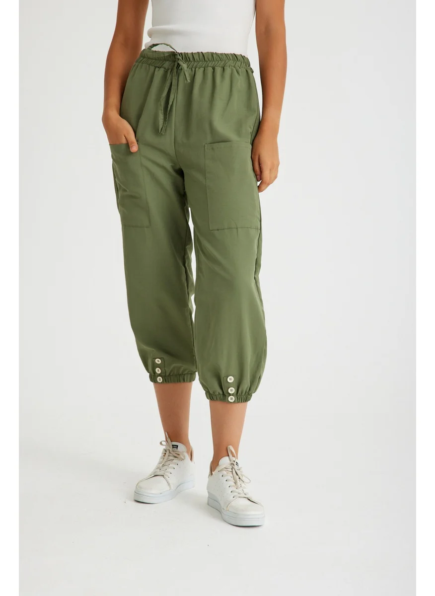 Barbora Linen Casual Trousers with Elastic Waistband and Lace-Up LN15HAKI2